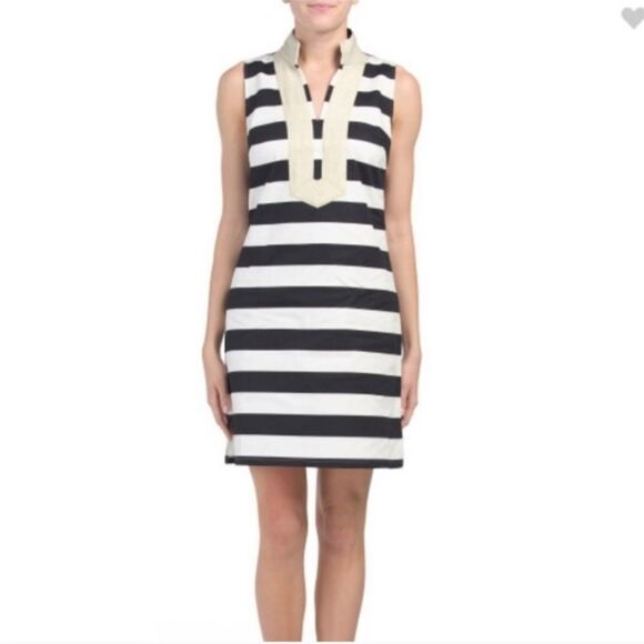 Sail to Sable Black White Wide Striped Soli Neck Gold Sleeveless Shift Dress L - Picture 1 of 8